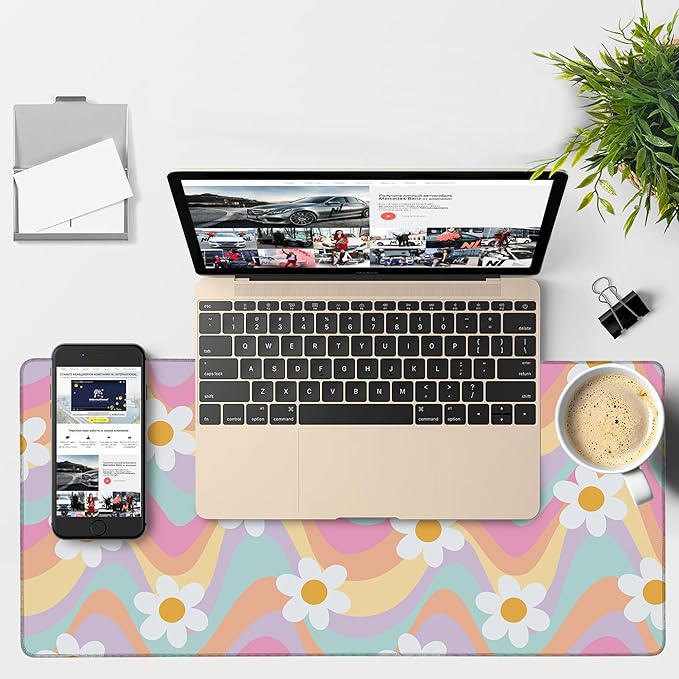 Large Mouse Pad Floral and Wavy Gaming Desk Pad Computer Keyboard Non-Slip Waterproof Mouse Mat with Rubber Base and Stitched Edges Entertainment Office Writing Desk Mat 35.4 x 15.7 Inches