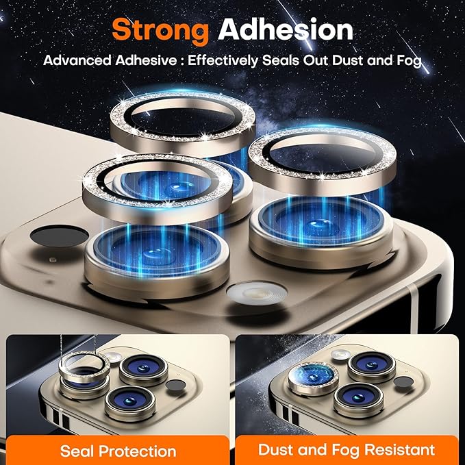Camera Lens Protector for iPhone 16 Pro Max/16 Pro/15 Pro Max/15 Pro/14 Pro Max/14 Pro, Sapphire Glass Metal Individual Camera Cover Screen, Anti-drop, Case Friendly- Glitter Natural Titanium