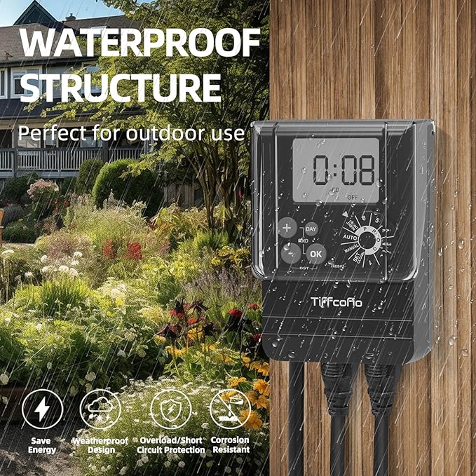 TiFFCOFiO New Digital Outdoor Timer Waterproof, Dial Programmable Method, Outdoor Light Timer with 2FT Extension Cord, 2 Grounded Electrical Outlets for Lights, 6 Sets of Programs, 20A/2500W