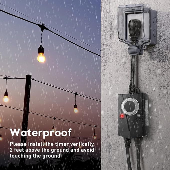 Brightown Outdoor Light Sensor Timer Waterproof, Mechanical Plug in Timer Switch, Outdoor Light Timer for Electrical Outlets, 2 Grounded Electrical Outlets for Christmas String Lights, Lighting Decor