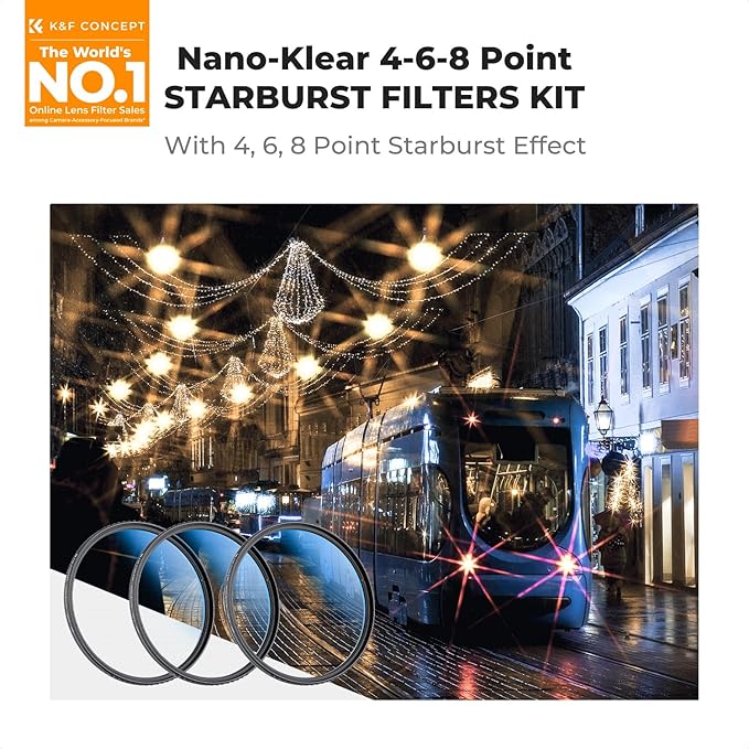 K&F CONCEPT 72mm Star Filters Kit (3pcs) 4 Points 6 Points 8 Points Cross Screen Starburst Filters Set -18 Layer Coating Ultra Slim Optical Glass Camera Lens Filter with 3 Cleaning Cloth