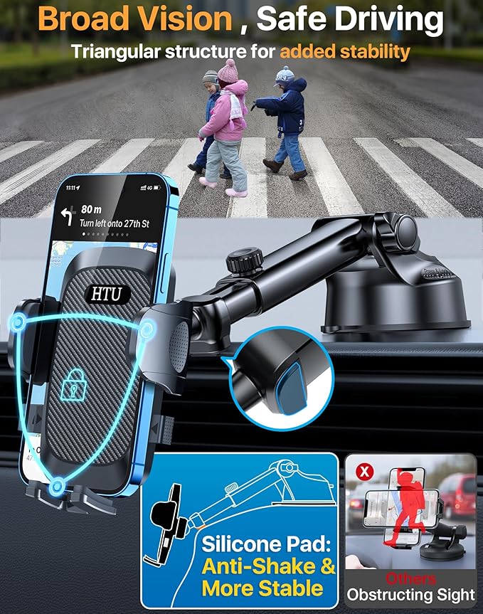HTU [True Military-Grade] 2025 Upgraded Car Phone Holder 【Safety Certs & No Smell】 Cell Phone Holder for Car Mount for Dashboard Windshield Air Vent Long Arm Thick Case,Black