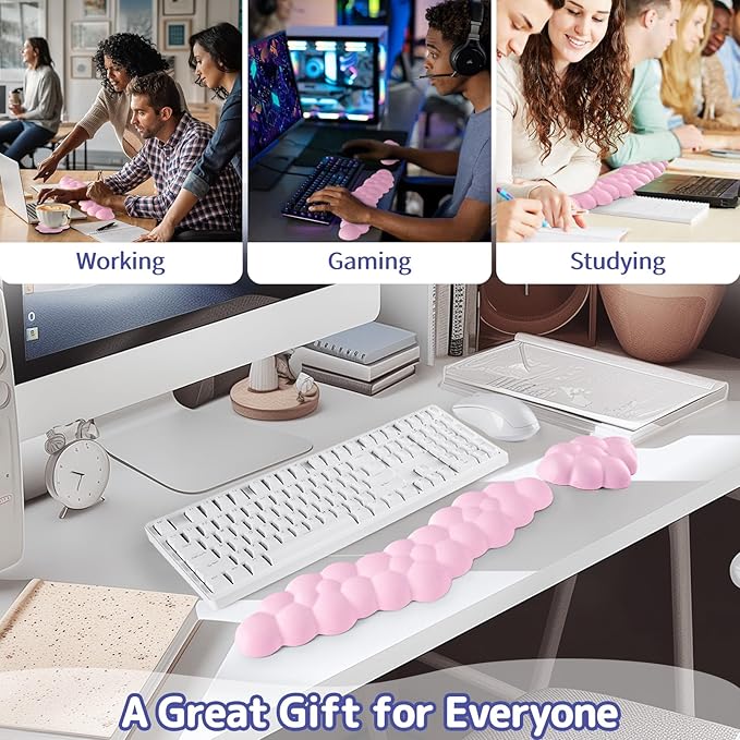 Cloud Wrist Rest for Keyboard and Mouse, Memory Foam PU Leather Keyboard Wrist Rest with Ergonomic Support, Non-Slip Base, Cute Arm Rest Pad & Palm Cushion, Office Desk Accessory, Pink