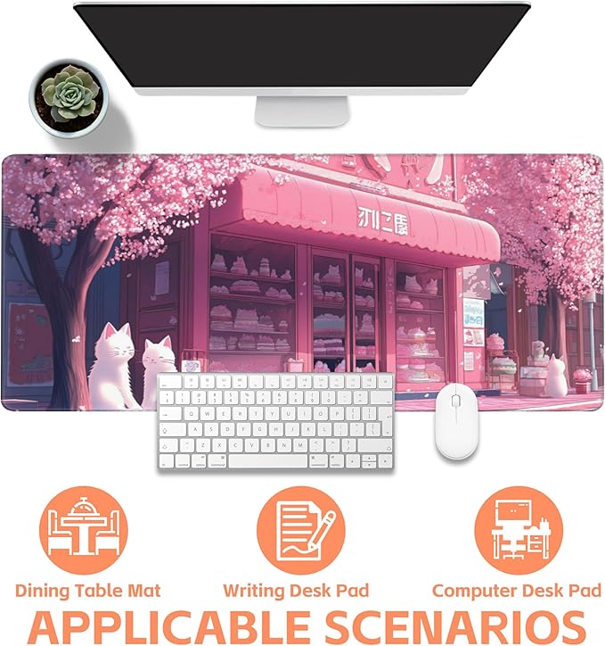 Mouse Pad Large Cake Shop and White Cats Non-Slip Gaming Desk Mat with Stitched Edge Laptop Keyboard Desk Pad for Work Home Gaming (35.4 x 15.7 Inches)