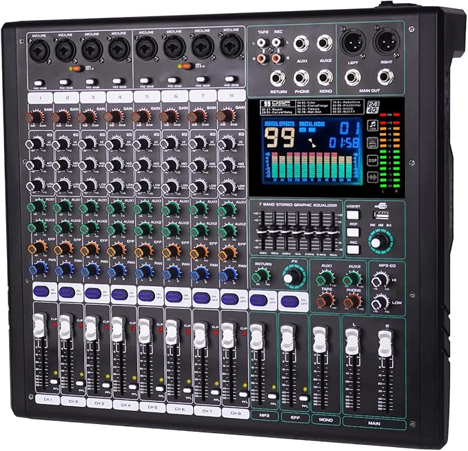 GF8 Pro Multi-Function 8-Channel Bluetooth DJ Sound Console - 7 Stage Equalizer, 99 Sound Effects, Independent Mute for Stage, Karaoke Live