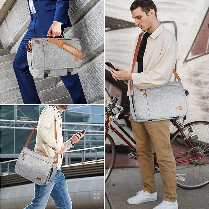 ESTARER Messenger Bag 17-17.3 Inch, Men's Computer Bag Water-resistant Canvas, Laptop Shoulder Bag for Travel Work College, Light Grey