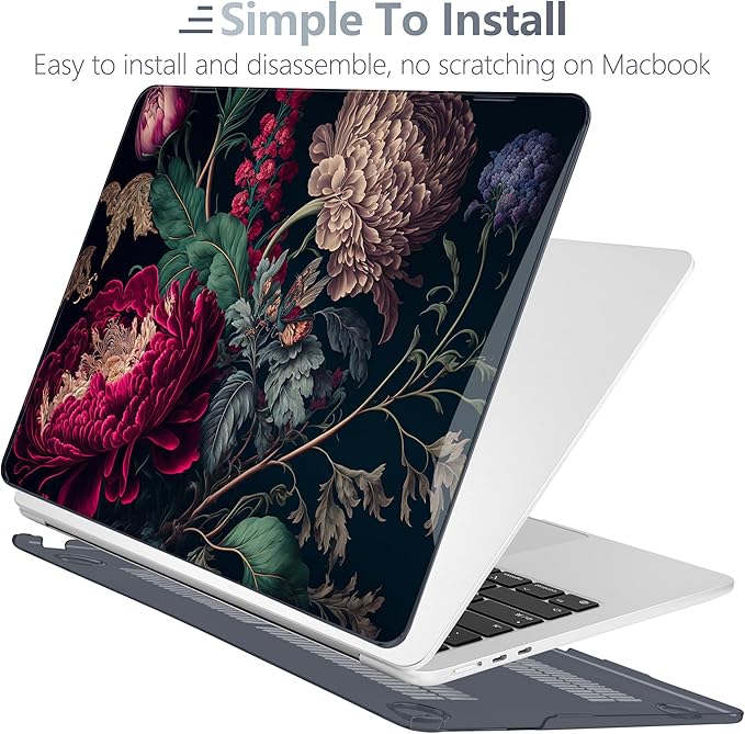 Batianda Premium Case for New MacBook Air 15 inch 2025 2024 2023 with M4 M3 M2 Chip, Designed Black Protective Plastic Hardshell & Keyboard Cover & Screen Protector, Vintage Flower