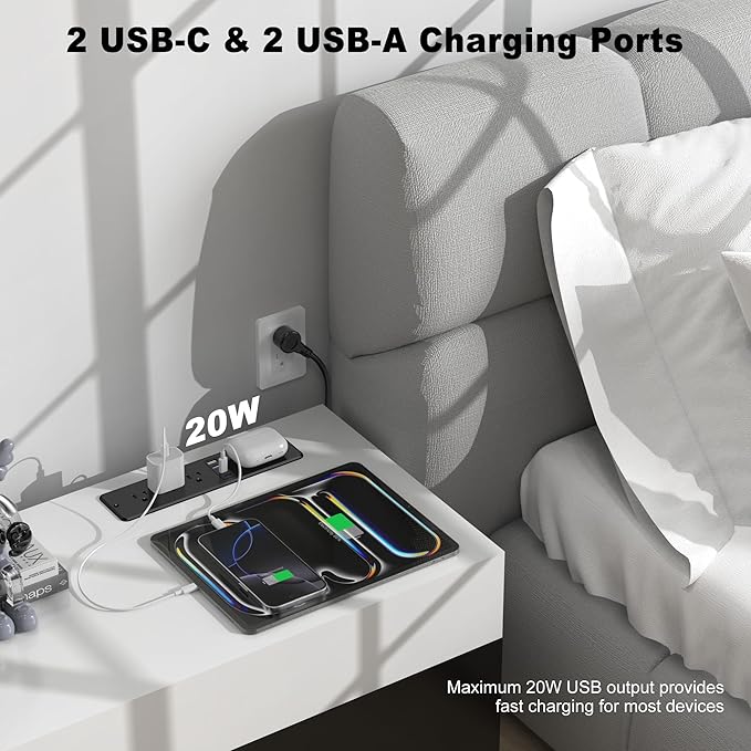 8 in 1 Recessed Power Strip with 15W Wireless Charger, 20W Fast Charging Furniture Outlet, Plug in 3 AC Outlets & 4 USB Ports Flush Mount, 6FT Cord