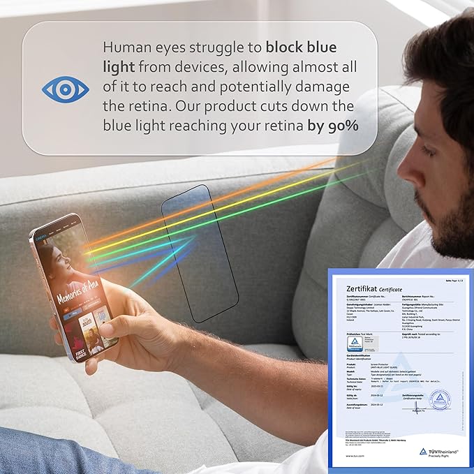 Deppa |2 Pack| Anti-Blue Light Screen Protector for iPhone 15 Pro Max (6.7') | Scratch Resistant Tempered Glass | 3D Edge to Edge Coverage | Easy Installation Kit | Eye Safeguard TÜV Certified