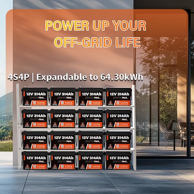 Bluetooth 12V 314Ah LiFePO4 Lithium Battery MINI, Max. 4190Wh Energy, EV A+ Cells, Built-in 100A BMS, 15000 Deep Cycles Battery with Low-Temp Protection for RVs, Solar System, Off-Grid