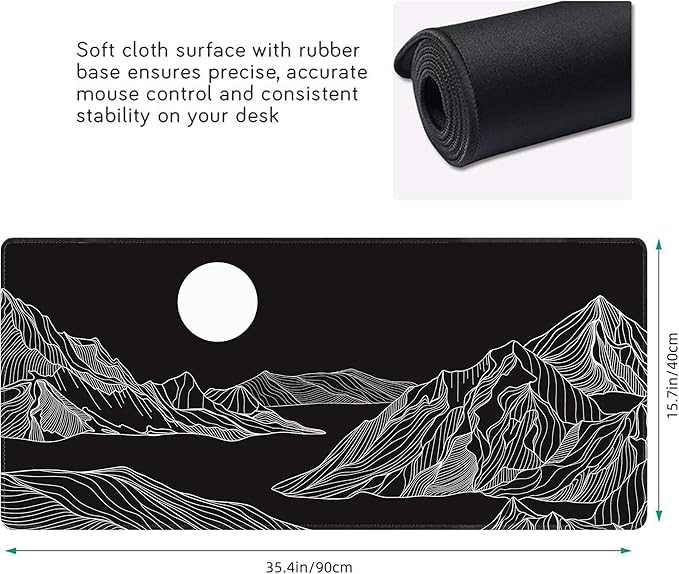 Black and White Mountain Large Mouse Pad,Gaming Keyboard Desk Pad,Extended Mouse Mat Non-Slip Rubber Base with Stitched Edges for Office Game Home XXL 35.4"x15.7"