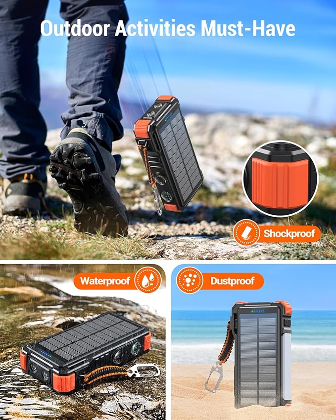 BLAVOR 45W Power Bank Solar Charger Built in Cables, 20000mAh Wireless Portable Charger with USB C, PD QC Fast Charging Waterproof Battery Pack for Cell Phone, Camping Light & Compass for Outdoor Use
