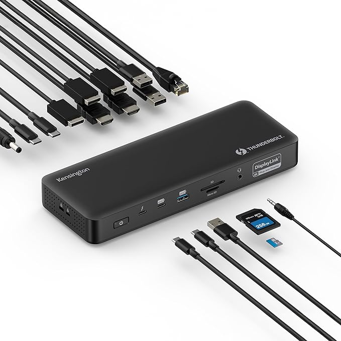 Kensington SD5910T DisplayLink Docking Station Thunderbolt 4, Quad 4K for MacBook Pro/Air M1/M2/M3/M4 with Pro and Max Chipsets, 100W PD, HDMI/DP/TB4, SD/Micro SD Card Slots (K35233NA)