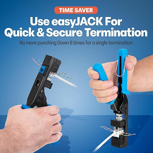 Everest easyJACK - 90° Angled Speed Termination Keystone Tool Set - with 20-Pack of RJ45 Slim Profile Cat6 Keystone Jacks (10 Blue & 10 White) - Time Saver Network Cat6 Punchdown Tool