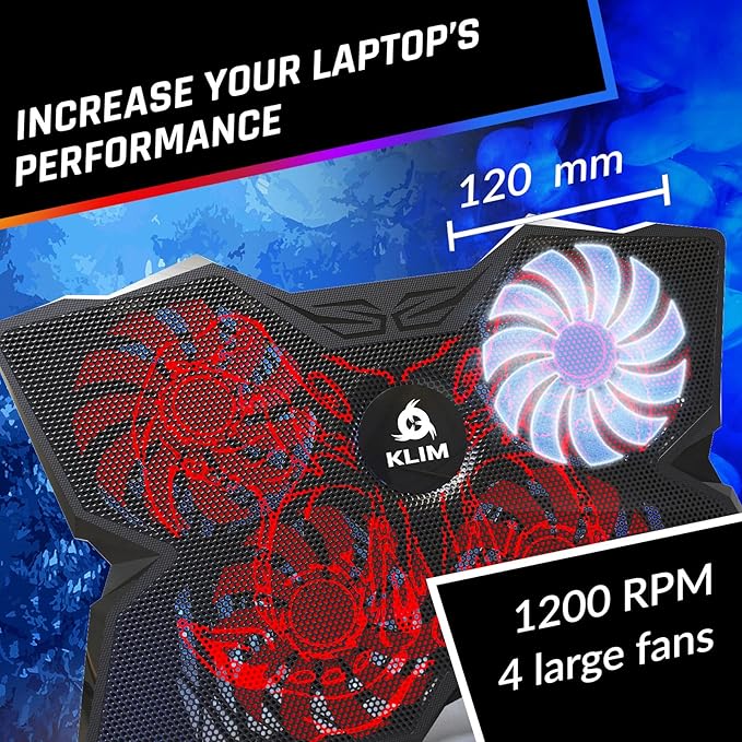 KLIM Wind Laptop Cooling Pad - More Than 500,000 Units Sold - New - Powerful Rapid Action Laptop Cooler - Laptop Stand with 4 Cooling Fans - 2 USB Ports - PC Mac PS5 PS4 Xbox One - Cobra Red