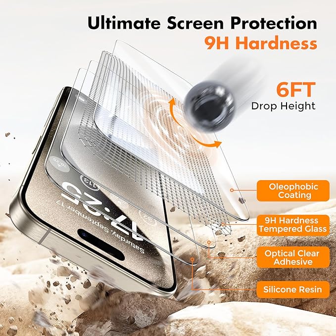UNBREAKcable Shatterproof Tempered Glass Screen Protector for iPhone 15 Pro [3-Pack] [Easy Installation Frame] [9H Hardness] [99.99% HD Clear][Bubble Free] for Apple 6.1”