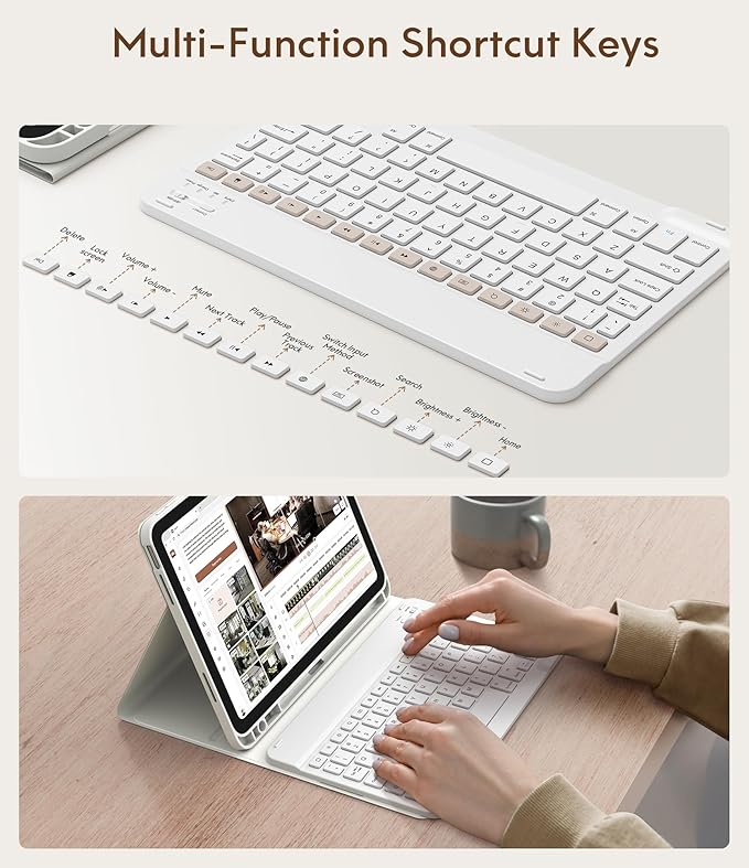 CHESONA Keyboard Case for iPad (A16) 11th/10th Generation (2025/2022), Detachable Wireless Keyboard, Stand Folio Keyboard Cover with Pencil Holder, Thin & Light (White)