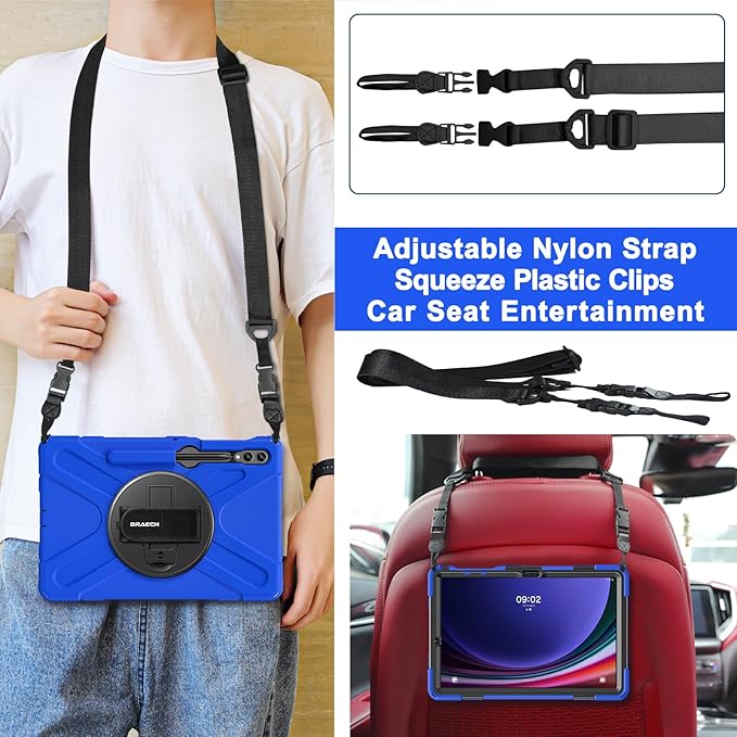 BRAECN for Galaxy Tab S10+Plus/ S9+/S9 FE+/S8+12.4 Inch Case,Heavy Duty Tablet Case with 360 Rotating Stand &Hand Strap, Built-in S Pen Holder, Shoulder Strap for Samsung Galaxy Tab S9 Plus -Blue