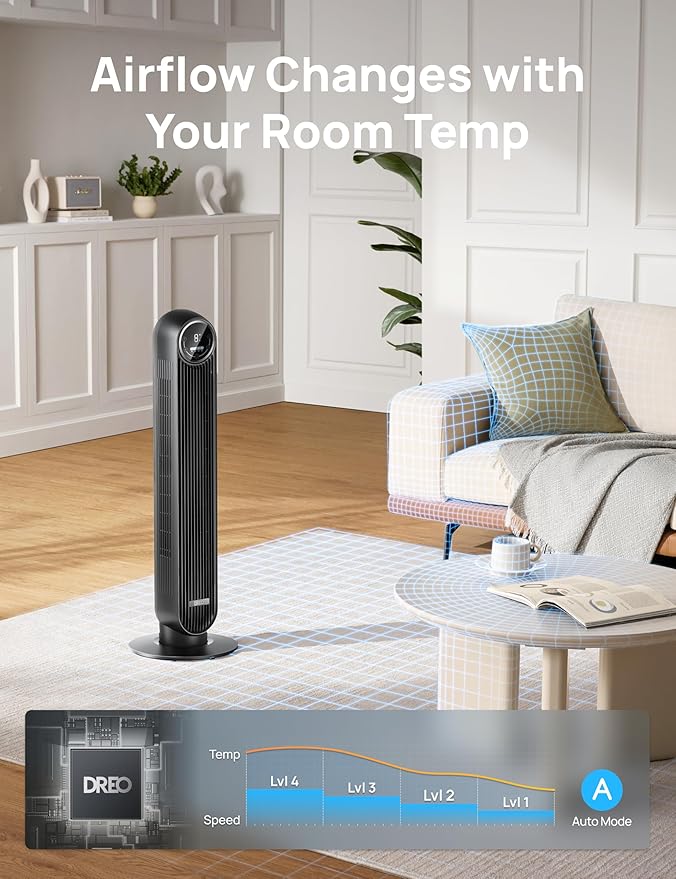 Dreo Tower Fan for Bedroom, 25ft/s Velocity Quiet Floor Fan, 90° Oscillating Fans for Indoors with 4 Speeds, 4 Modes, 8H Timer, Standing Fans, Bladeless Fan, Black, Nomad One (DR-HTF007)