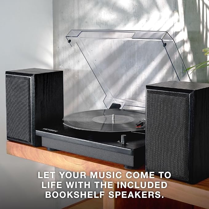Victrola Montauk Vinyl Record Player, 3-Speed Belt Driven Turntable with Stereo Bluetooth Speaker Pair, RCA Output and 3.5mm Headphone Jack, Removable Dust Cover, Farmhouse Walnut Finish