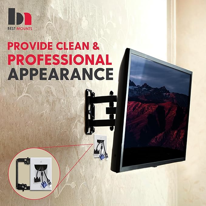 2 Pack Wall Plate with Bracket - In Wall Cable Management Kit - Recessed Wall Plate Cable Pass Through Pair with Single Gang Low Voltage Mounting Bracket - TV Cord Hider for Wall Mounted TV