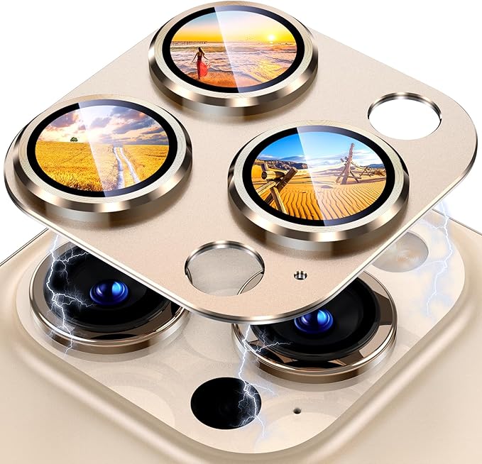 Uyiton Compatible with iPhone 15 Pro/iPhone 15 Pro Max Camera Lens Protector, [Not Easy to Break][Strong Adsorption][Case-Friendly] Metal Tempered Glass Rear Camera Screen Cover - Gold Titanium