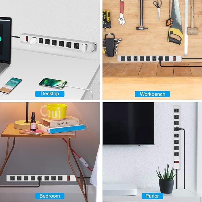 JUNNUJ Metal 8 Outlet Power Strip, Mountable Heavy Duty Power Strip, 1200J Surge Protector Wall Mount Screws Outlet with Switch, Gaming Desk Strips Wide Spaced 15A 125V 1875W, 3 FT 14AWG Power Cord