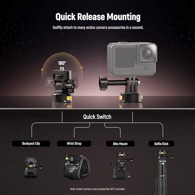 Neewer 6 in 1 Action Camera Mount Kit, Compatible with Hero 13 12 11 Max DJI Osmo Action Insta360, Metal Magnetic Quick Release Mount with 1/4" Thread & Folding Fingers for POV Shots, GP-23
