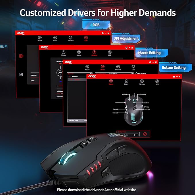 acer Wired Gaming Mouse, 12,800 DPI RGB Ergonomic Computer Mouse with Optical Sensor, 8 Programmable Buttons, 12 Backlit Modes, Software for DIY Keybinds, Rapid Fire, USB Gaming Mice for Laptop, PC