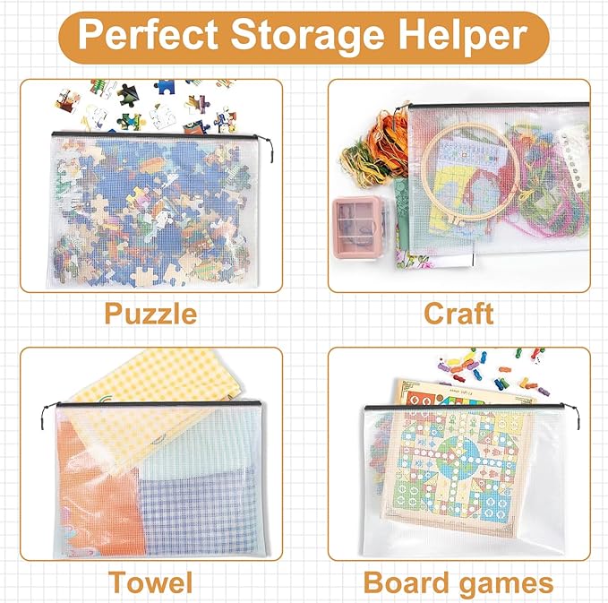 18pcs Mesh Zipper Pouch Puzzle Storage Bags A3 17x12 Inches Large File Bags Black Reusable Zipper Pouches for Organizing, Classroom Board Game Organization