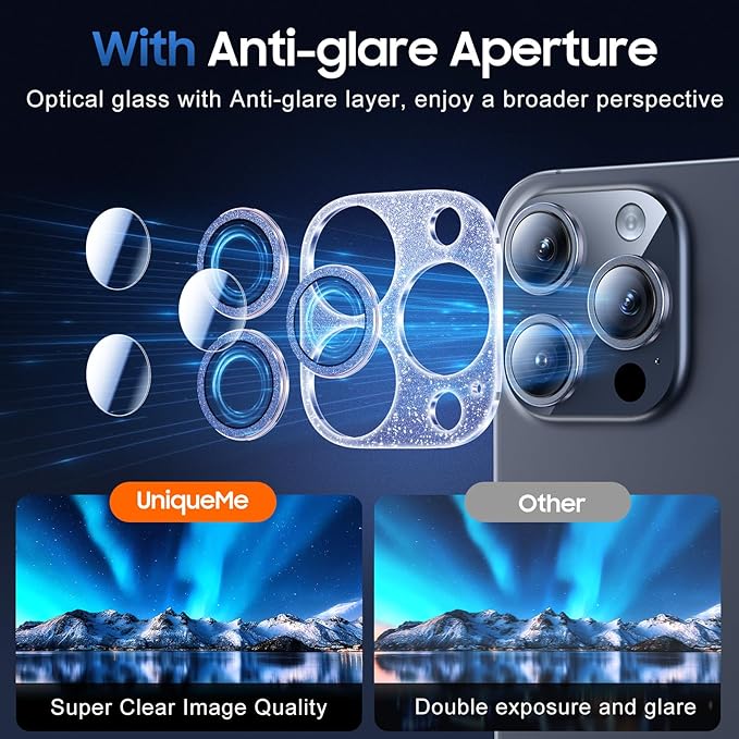 UniqueMe for 3 Pack iPhone 15 Pro/iPhone 15 Pro Max Camera Lens Protector, [Drop Protection] [Case Friendly] Camera Cover Screen [Update New Version] - Intergrated Glitter Blue