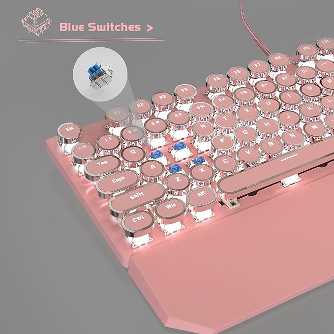 MageGee Typewriter Mechanical Gaming Keyboard, Retro Punk Pink Round Keycaps, 104 Keys LED White Backlit Wired Keyboards for Laptop MAC PC Gamer, with Magnetic Wrist Rest, Blue Switch