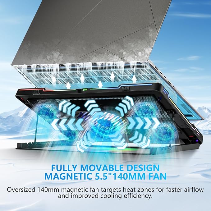G-STORY Gaming Laptop Cooling Pad with Movable Fan and Automatic Speed Adjustable by Temperature,Music Sync RGB Light,Low Noise Laptop Cooler 3 Speed 1500/1750/2000RPM(140MM) Stand 12–18" Notebook