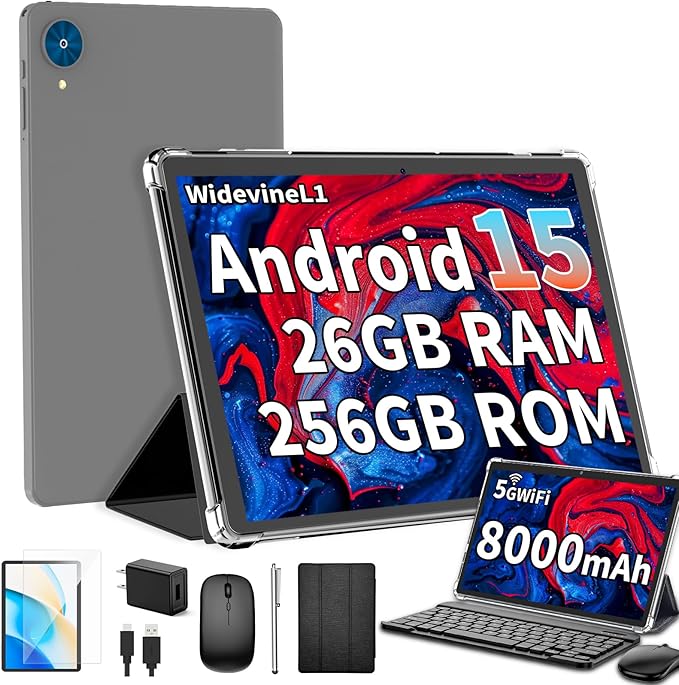 Android 15 Tablet with Keyboard, 26GB+256GB(2TB Expand), 10.1 Inch Tablet 8000 mAh Battery, BT 5.0, 5G WiFi, Widevine L1, Dual Camera, 2 in 1 Tab with Mouse, Case, Stylus(Black)