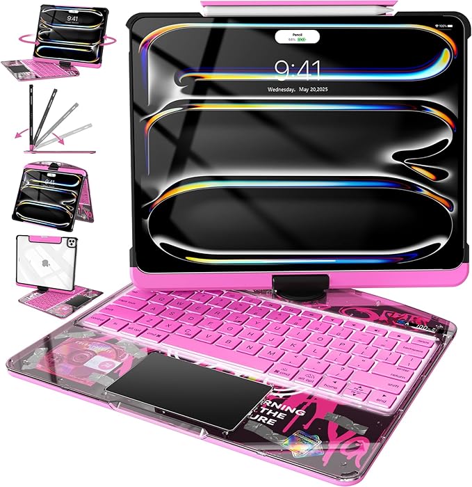 Intermerge Clear Keyboard Case for iPad Pro 13" (M4) 2024 Only, 360° Swivel Multi-Touch Trackpad, 7-Color RGB Backlit, Pencil Holder, Type-C, Power Indicator, Blush Pulse