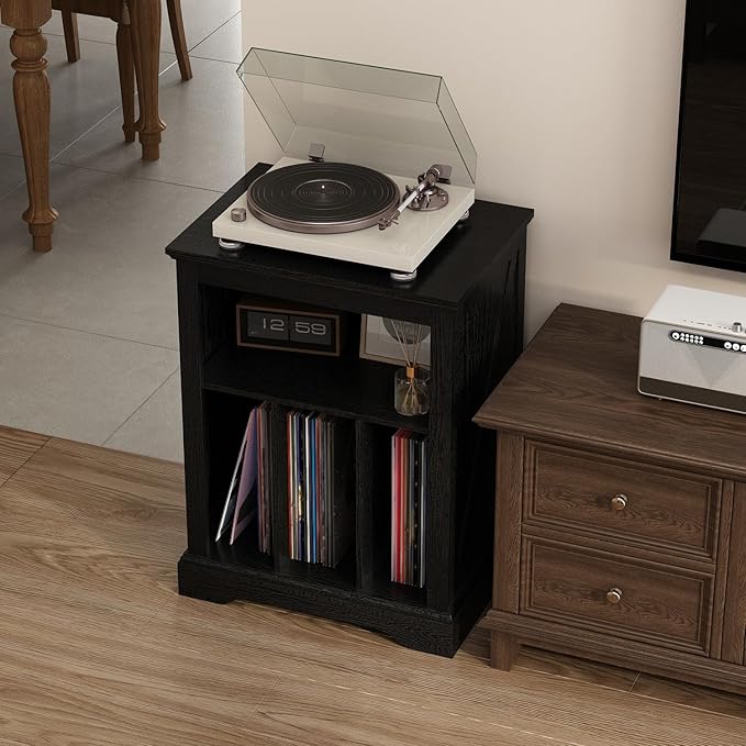 Farmhouse Record Player Stand, 3 Tier Turntable Stand with Vinyl Record Storage ,Wood Record Holder Cabinet Dispaly Shelf for Living Room,Bedroom,Office,Black