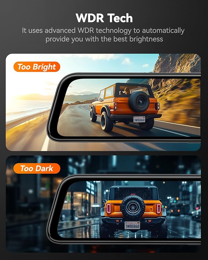 WOLFBOX G840S 12" 4K Mirror Dash Cam Backup Camera, 5.8GHz WiFi Smart Rearview Mirror for Cars & Trucks, Front and Rear View Dual Cameras, Night Vision, Parking Assistance, Included 32GB Card & GPS