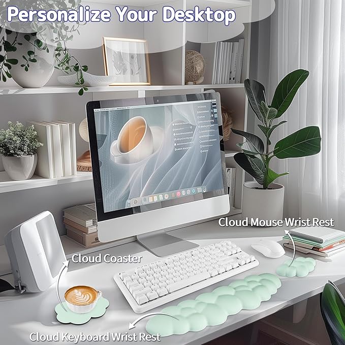 Cloud Wrist Rest Keyboard, Cloud Keyboard Wrist Pad Set with PU Leather Memory Foam, Cute Arm Rest for Palm Support, PC/Gaming Desk Accessories/Office Setup/Computer Hand Cushion - Light Green