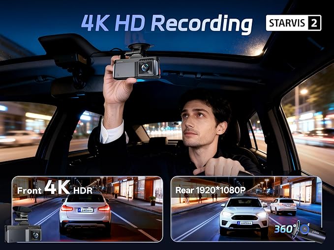 Pelsee 4K Dash Cam Front and Rear, STARVIS 2 Sensor, Dash Camera for Cars with Full-Color Night Vision, 128GB Card, 48H Parking Mode, Voice Control & WiFi, 3.39"Car Dash Camera, HDR ADAS GPS S3 Touch