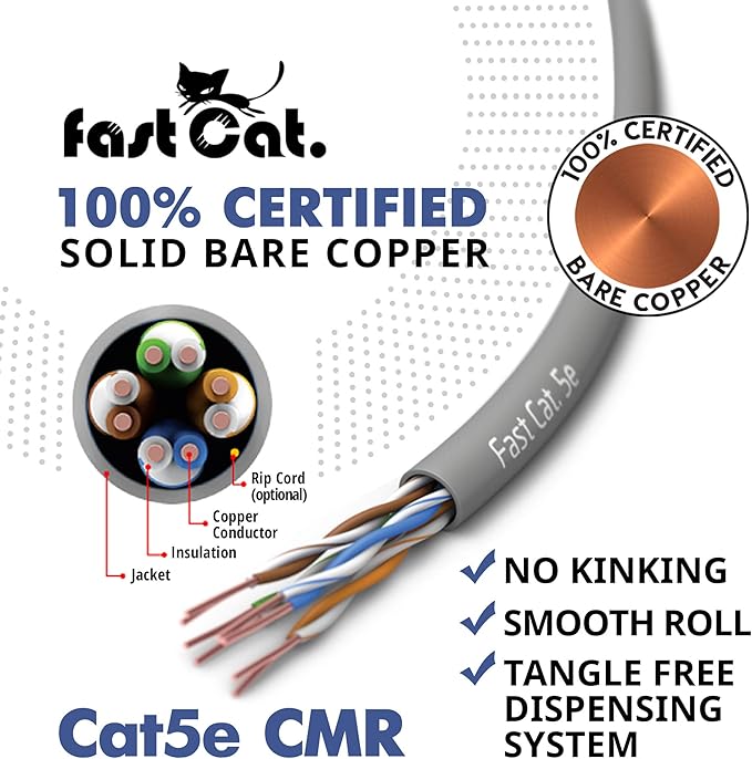 fast Cat. Cat5e Ethernet Cable 1000ft - 24 AWG, CMR, Insulated Bare Copper Wire Cat 5 ethernet Cable with FastReel - 350MHZ / Gigabit Speed UTP Cable Cat5e - CMR (Blue)