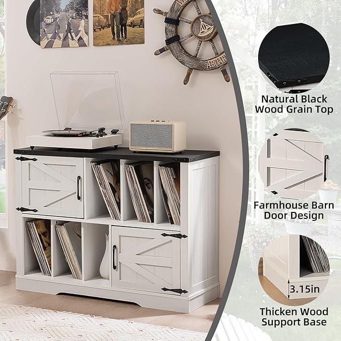 Large Record Player Stand with Vinyl Storage Up to 450 Albums, 39 Inch Farmhouse Rustic Wood White Storage Cabinet with Barn Doors, Vintage Mid-Century Turntable Stand for Bedroom, Living Room