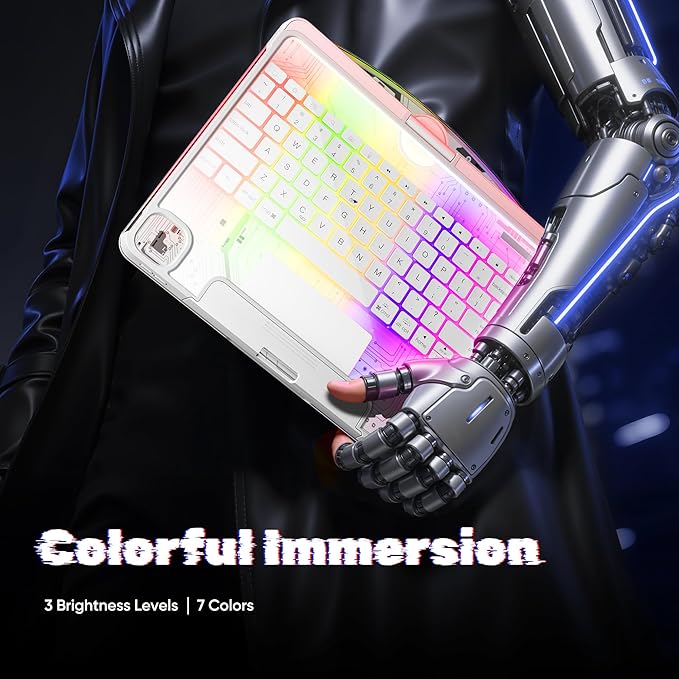 KITONE Transparent Case with Wireless Keyboard only for 2024 iPad Pro 13-in.(M4), 7 Colors Backlight, Trackpad, 360°Rotating Stand for iPad Pro 13, Tech Style