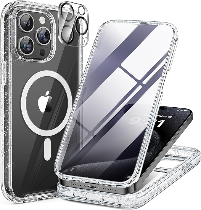 Miracase Magnetic for iPhone 15 Pro Max Case 6.7'' [Compatible with Magsafe] Full-Body Drop Proof Phone Case for iPhone 15 Pro Max with Built-in 9H Tempered Glass Screen Protector,Clear Glitter