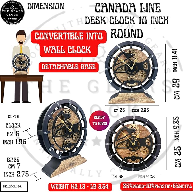 ImprovingLife The Gears Clock Desk Clock 10 inches with Real Moving Gears Convertible into Wall Clock (Carbon Grey)