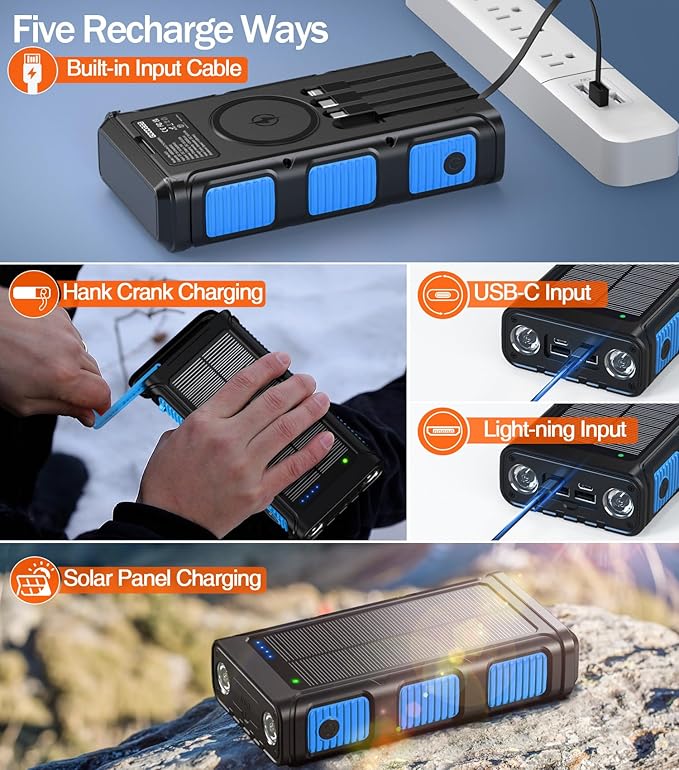 GOODaaa Power Bank Wireless Charger 45800mAh Built in Hand Crank and 4 Cables 15W Fast Charging Power Bank 7 Outputs & 4 Inputs Solar Portable Charger, SOS/Strobe/Strong Flashlights, Compass
