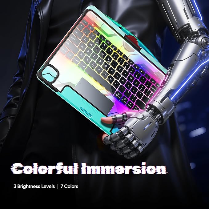 KITONE Transparent Case with Wireless Keyboard for iPad Air 13-in.(M3/M2, 2025/2024), 7 Colors Backlight, Trackpad, 360°Rotating Stand for iPad Pro 12.9-in (6/5/4/3 Gen), Tech Style