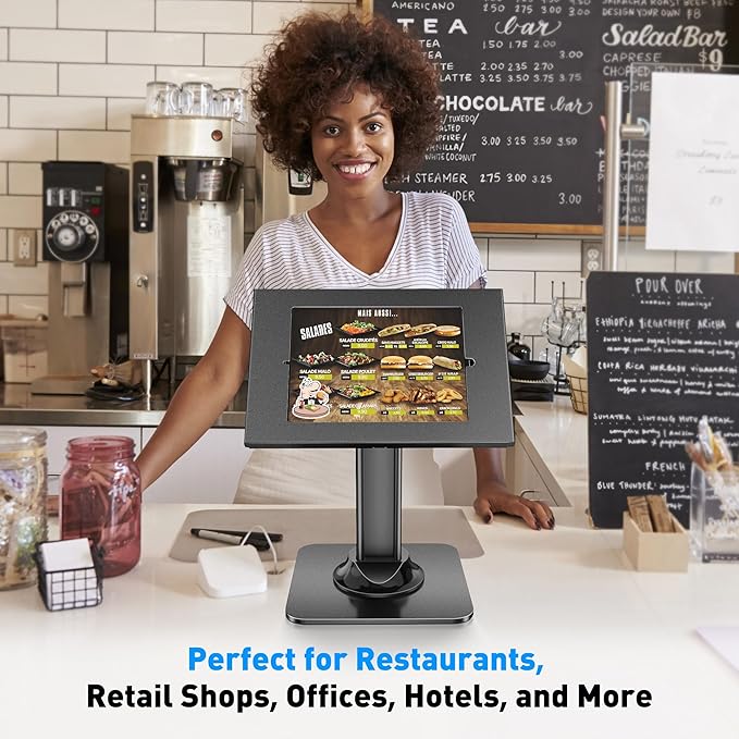 AboveTEK Anti-Theft iPad Kiosk Stand – POS iPad Security Stand & Locking Tablet Stand – Heavy Duty Base, 360° Swivel, 75° Tilt Bracket – Perfect for Retail Business (Black)