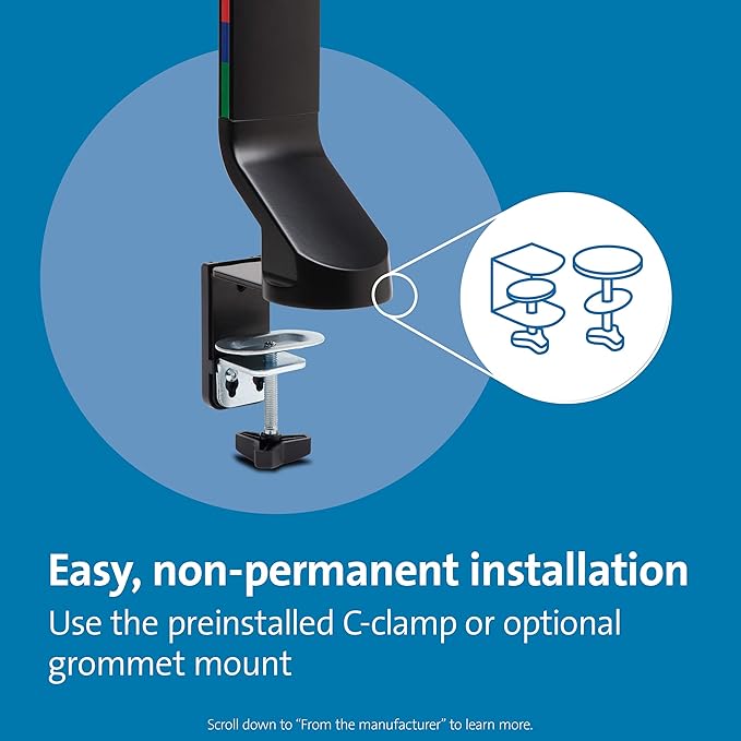 Kensington Single Monitor Desk Mount, C-clamp Vesa Stand Fits up to 32 inch Ultrawide Samsung LG , Low Profile Vertical Mount, Height Adjustable Free Standing Arm,K55512WW Black