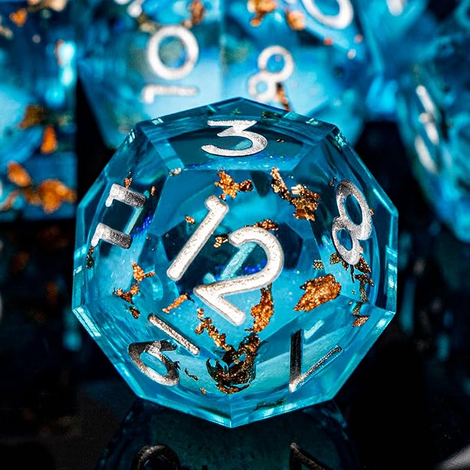 DND Dice Blue Liquid Core Dice Set with Metal Box, Handmade Sharp Edge D and D Polyhedral Dice for use with RPG D&D Role Playing Game