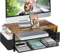 Wood Desk Organizers and Accessories, 2-Tier Computer Monitor Stand Riser with Drawer, Pen Storage & Phone Holder, Office Desk Accessories, Workspace Desktop Organization for Office Supplies（Brown）
